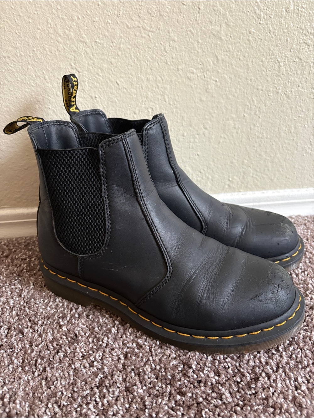 Dr. Martens Black Leather Chelsea Boots with Yellow Welt Stitching Size 8